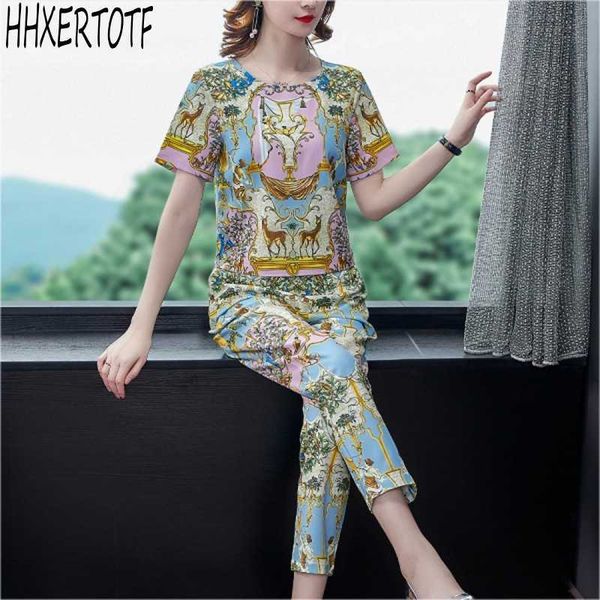 

summer fashion casual women short sleeve retro pattern print o neck + pants 2 piece sets 210531, White