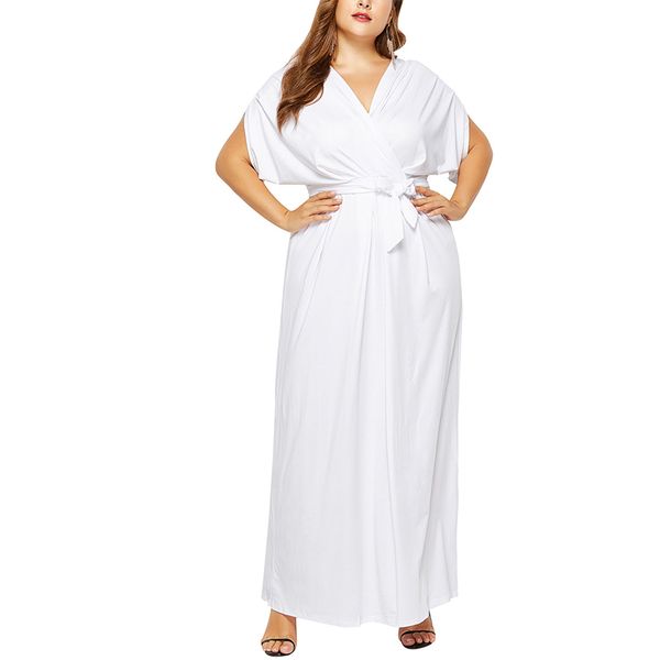 

new women's dress large size solid color v-neck loose big swing irregular bat sleeves, Black