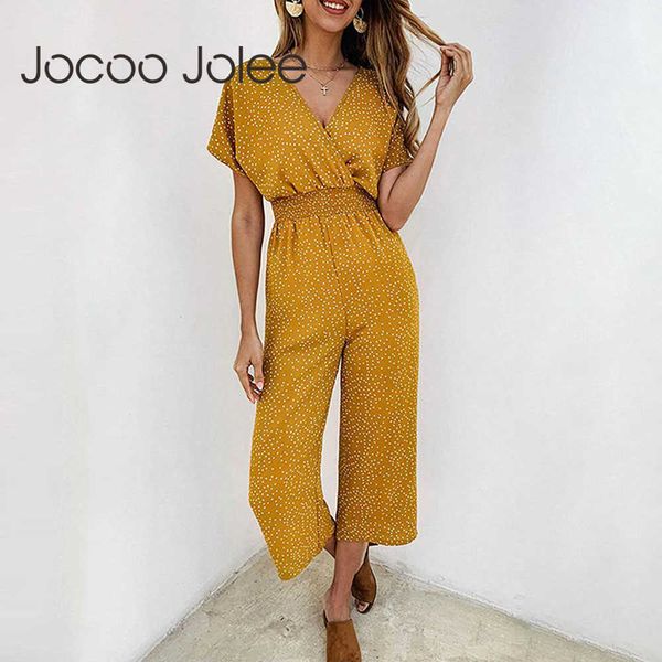 Joloo jumoe de verão bolinhas chiffon jumpsuits casual manga curta v neck largamente perna solta macacão boho praia macacos 210619