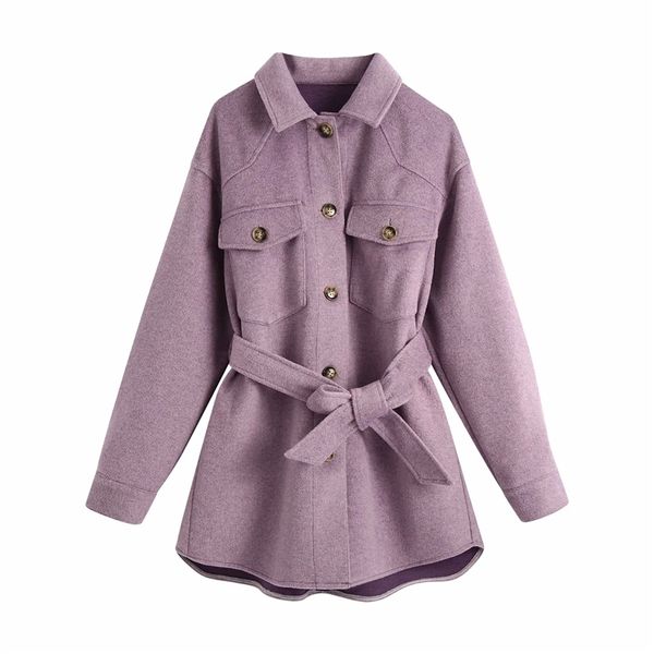 Elegante cappotto di lana da donna moda donna tinta unita viola esterno streetwear fascia da tasca femminile su ragazze chic 210427