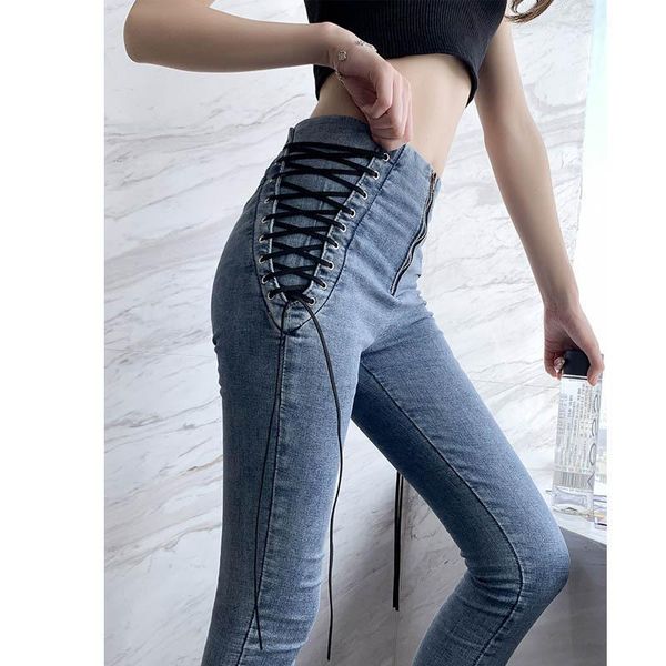 

women's jeans high waist hips tight women fashion side lace up skinny casual korean lady stretchy denim pencil pants plus size, Blue