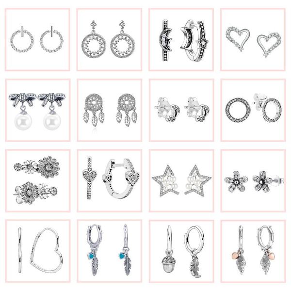 

stud 100% silver earrings 925 women shiny zircon bow daisy feather pearl classic luxury fashion pandor style jewel, Golden;silver