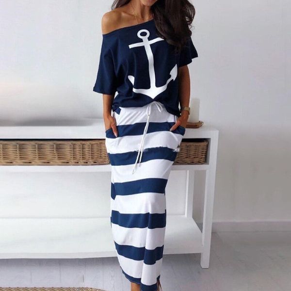 

2021women off shoulder blouses t-shirt & striped maxi dress summer slim slash neck 2 pieces sets female casual ankle-length dress, Black;gray