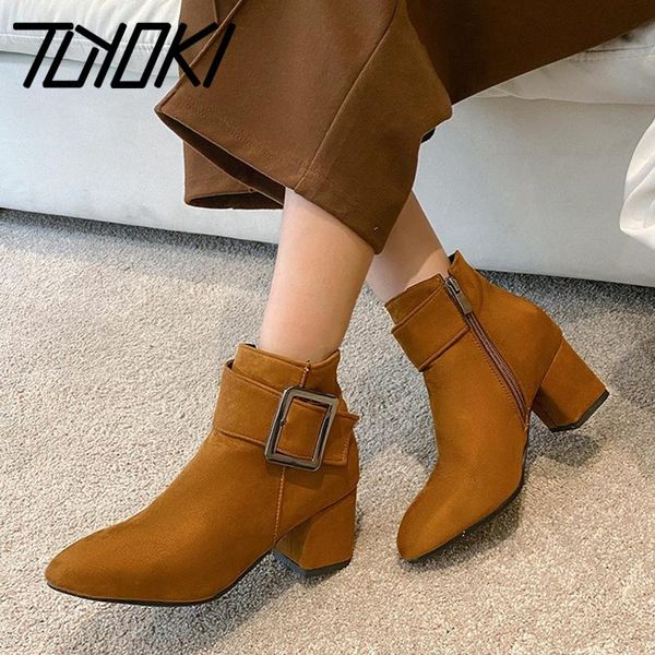 

boots tuyoki size 34-43 women ankle thick high heel pointed toe zipper shoes winter fashion party footwear, Black