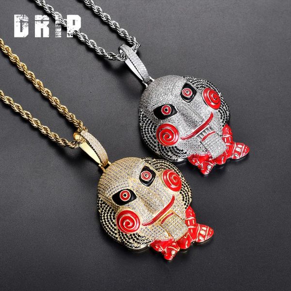 

big size full iced out cz micro pave saw doll head mask pendant with 12mm cuban link chain, Silver