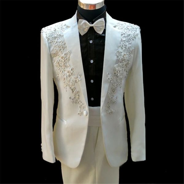 Stilista di moda con perline Smoking da sposa su misura per uomo Appliques Abiti da sposo Abiti da cerimonia per feste da ballo (giacca + pantaloni)