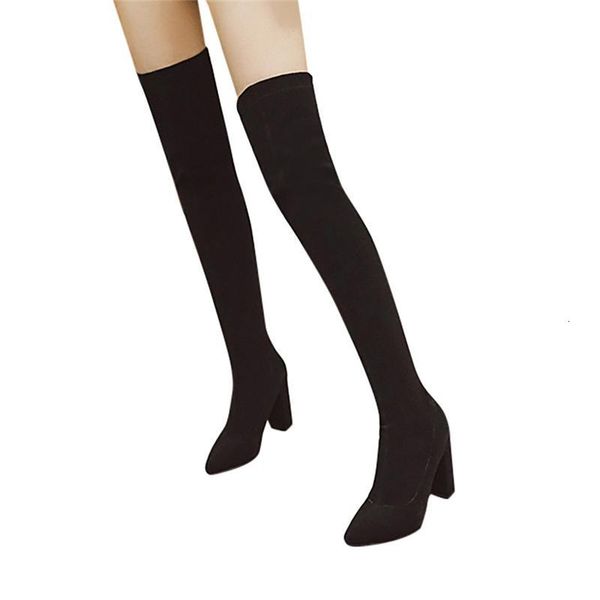 

boots sagace women over the knee elastic suede leather high heels thigh slim fashion pointed toe stretch long ladies 1026 agof, Black