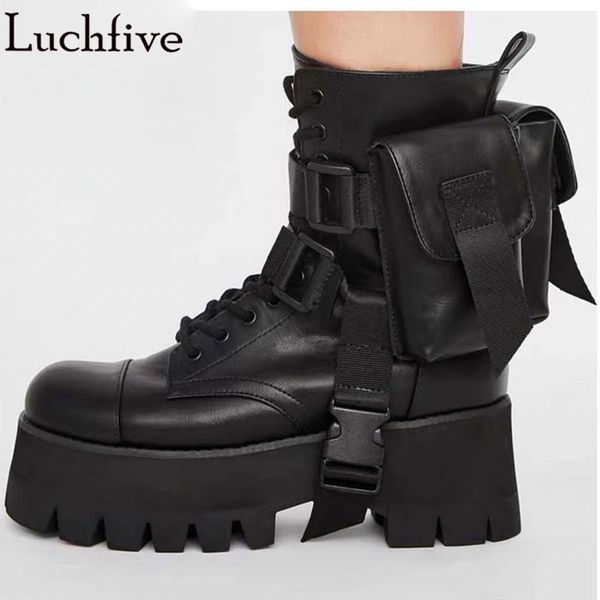 

boots pocket leather ankle thick bottom shoes woman round toe buckles short women black zapatos mujer