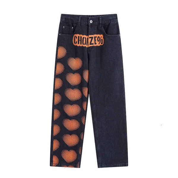 

men's jeans y2k european and american high street style hiphop jeans male love graffiti hip hop students loose trend straight pants 8hh, Blue