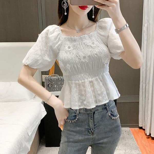 

women's blouses & shirts summer korean style chic female white sweet square collar ruffles puff sleeve retro elastic pleated slim shirt
