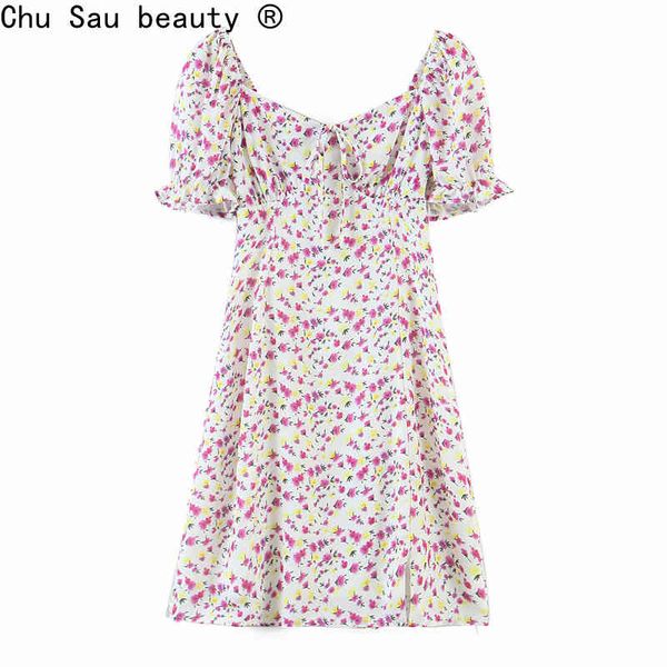 

french vintage pastoral style fresh sweet floral puff sleeve dress summer women's high waist a-line vestido chic 210508, Black;gray