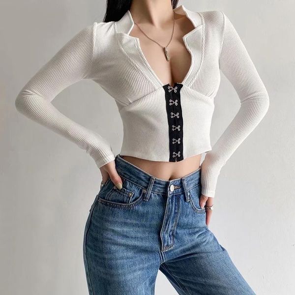 

women's blouses & shirts women deep v neck waffle with hook-and-eye placket plunge front long sleeve s870, White