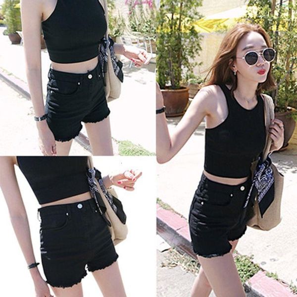 

women's summer new korean version black denim shorts high waist slim elastic casual white fur pants fashion, White;black