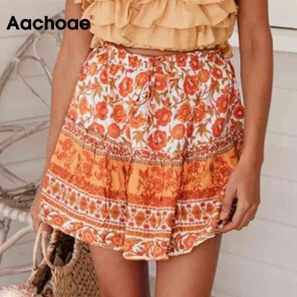 

summer floral print mini skirt women drawstring waist boho beach skirts ruffles lady casual bottoms mujer faldas 210413, Black
