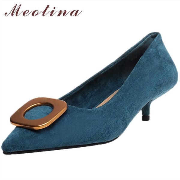 Meotina Med Heels Echtes Leder Frauen Schuhe Dünne Ferse Schuhe kind Wildleder Spitz Pumps Metall Dekoration Damen Schuhe Blau 210608