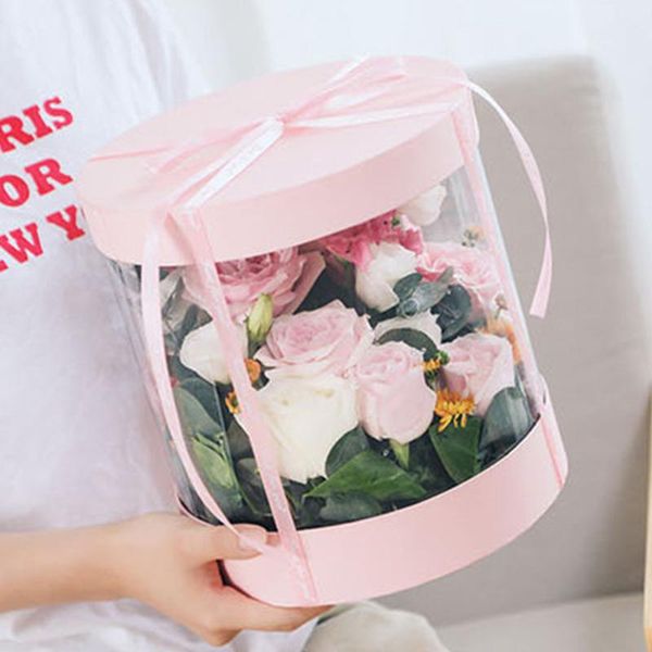 

gift wrap round flower paper boxes hug florist flowers bucket transparent box ladies present packing birthday wedding decor