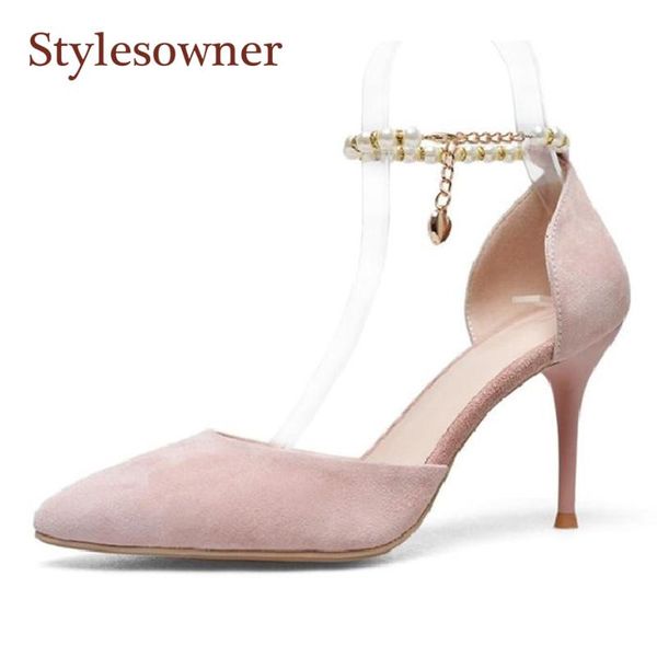 

dress shoes spring elegant lady ankle pearl chain strap high-heel for women pump pointed toe two piece party shoe stiletto heels, Black