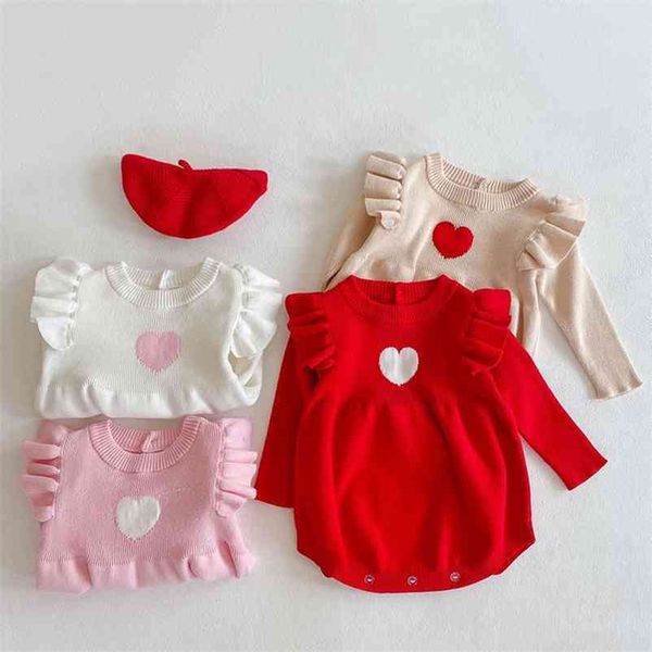 

spring autumn infant baby girls loving heart fly sleeve rompers clothing kids girl long knit clothes 210521, White