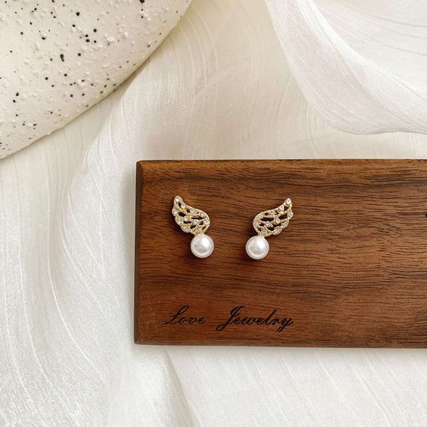 

s925 silver needle korean small versatile wings pearl female personality sleep need not take off earrings, Black