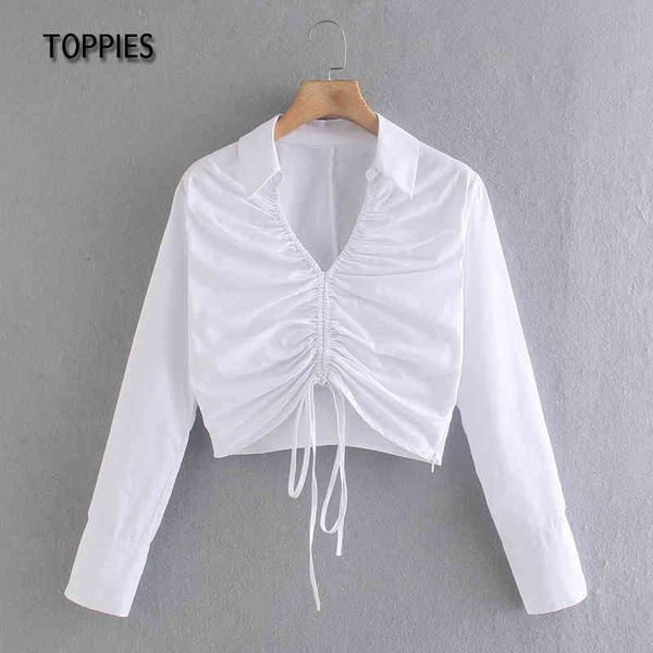

ies white crop woman long sleeve drawstring pleated blouses vacation beach 210412