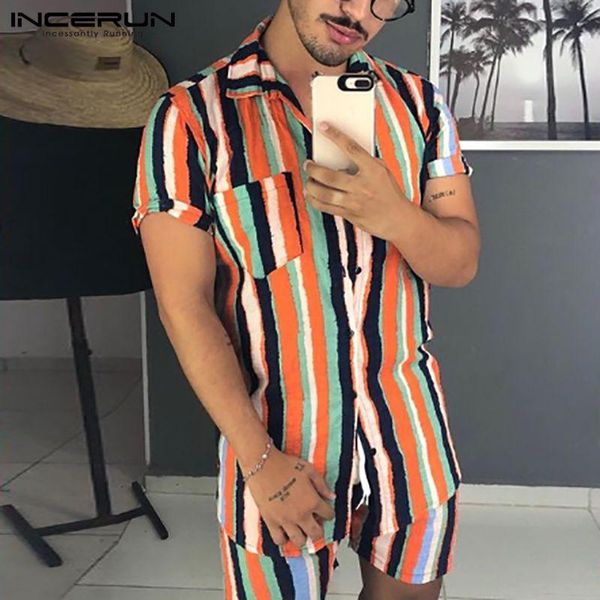 

men's tracksuits short sleeve lapel shirts drawstring shorts sets summer incerun men striped vintage printed hawaiian beach suit plus s, Gray