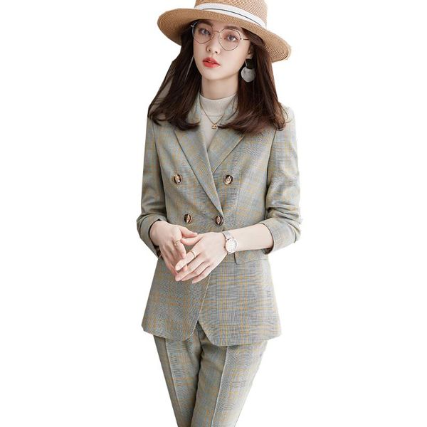 

women's two piece pants women yellow blue plaid formal pant suit business 2 set for work office ladies female blazer and t, White