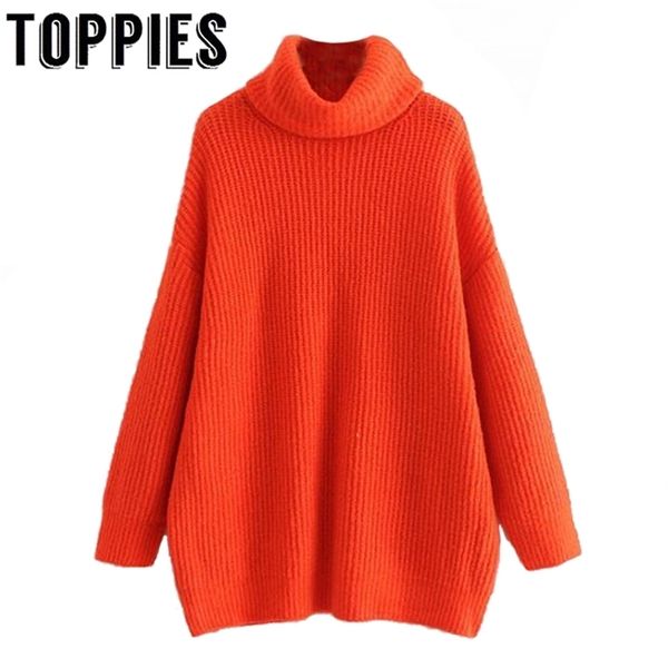 Winter Frauen Orange Farbe Rollkragen Strickpullover Fledermausärmel Oversize Pullover 210421