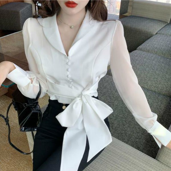 

pants french elegant blouse women autumn chiffon bow v-neck casual slim long sleeve lady shirts korean girls, White