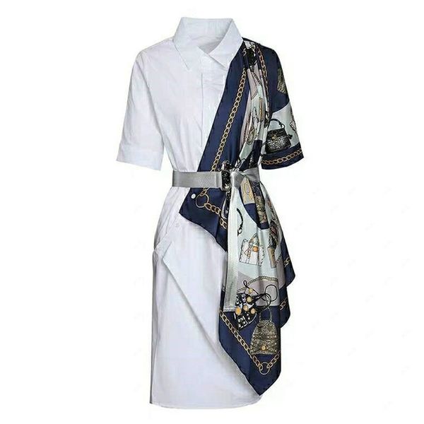 

print shirt dress patchwork sash knee length short sleeve turn down collar d1030 210514, Black;gray