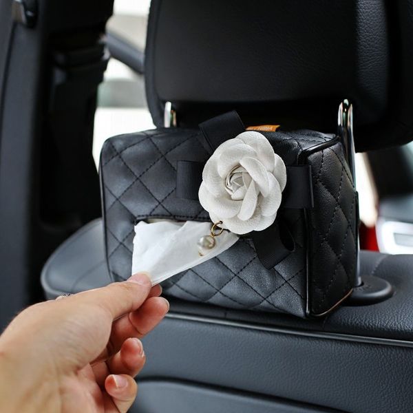 

pearl camellia flower seat back hanging tissue box holder crystal leather paper tower organizer car styling accessories