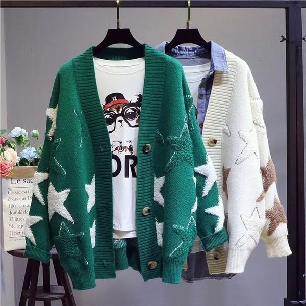 

womens knitted jacket cardigans women sweater autumn winter loose and versatile stitching star mid length cardigan, White;black
