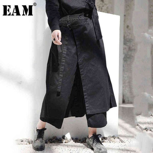 

[eam] spring high elastic waist black loose vent long wide leg pants trouser fashion ji084 211124, Black;white
