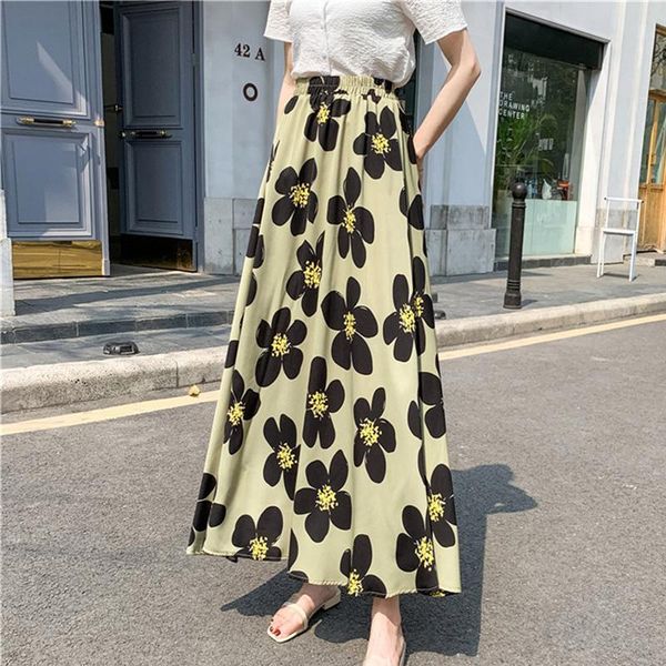 

skirts limiguyue women floral printed skirt long aesthetic high waist vintage flowers longa faldas bohemian summer fashion k1271, Black