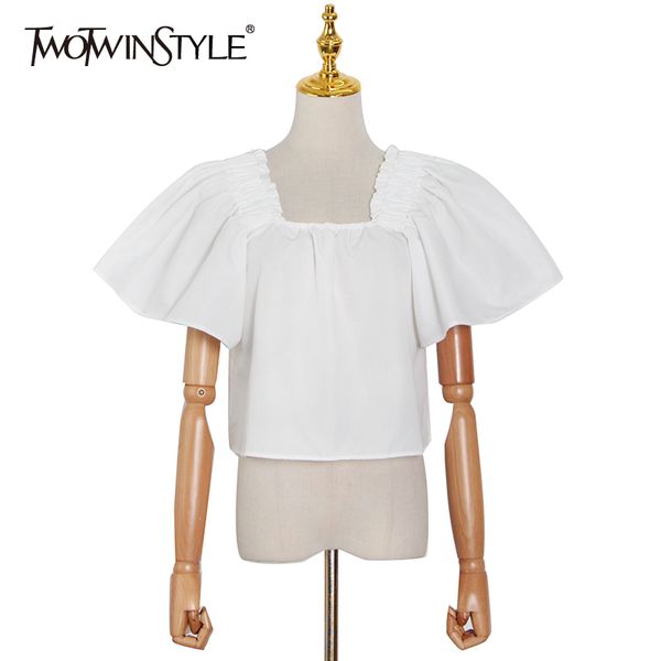 

casual white shirt for women square collar puff short sleeve patchwork blouses female summer fashion 210524