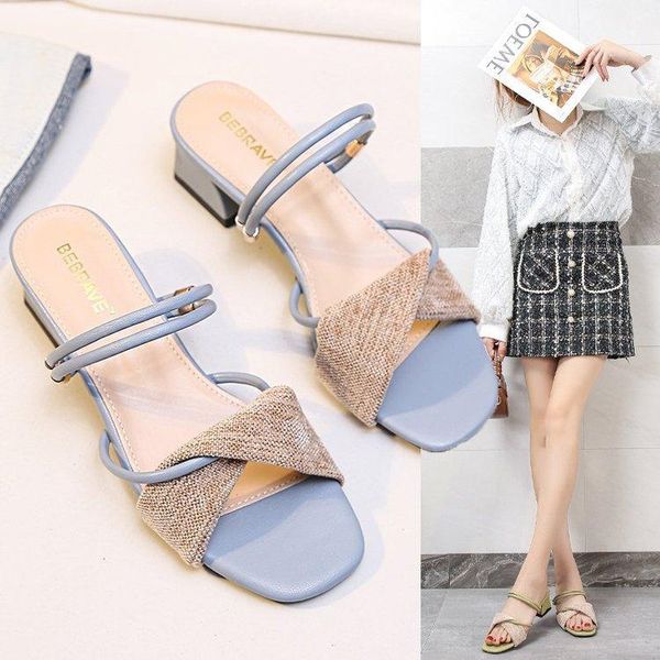 

slippers 2021 korean style mid-heel open-toed wide-heeled sandals, Black