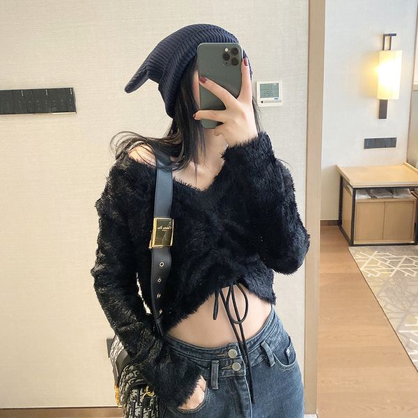 

drawstring 8627 sweater feather yarn drawstring short v-neck long sleeve loose jacket women's wear, White