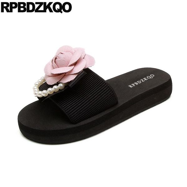 

shoes embellished nice pearl wedge women sandals 2021 summer flower yellow open toe slippers slip on pink flatform slides, Black
