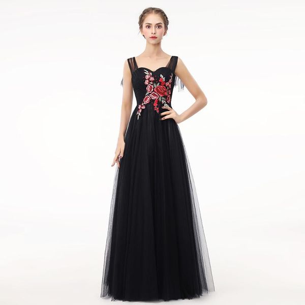 

party dresses tao hill evening dress black tulle rose embroidery applique sweetheart neck pleats long prom gown, White;black