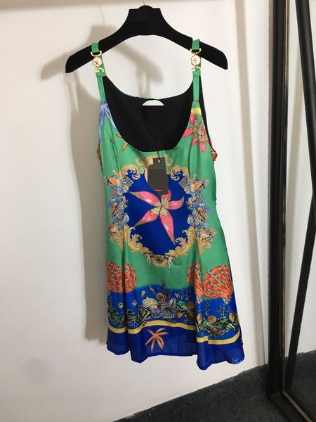 

610 2021 summer runway dress green flora print panelled sleeveless spaghetti strap brand same style faluolan, White;black