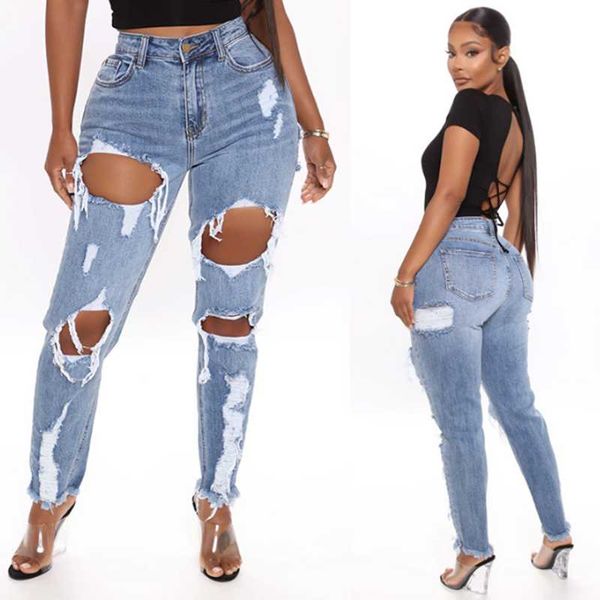 

women's pants & capris 2021 jeans ripped holes thin denim trousers mid-waist blue straight-leg fashion, Black;white
