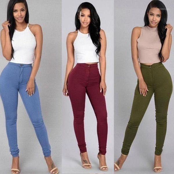 

women elastic denim jean pants skinny pencil high waiste candy color jeans trousers yaa99 women's & capris, Black;white