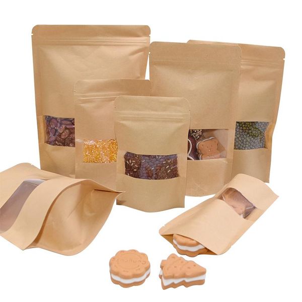

gift wrap 10pcs/lot kraft paper bag with window zipper pouch resealable candy food bags self sealing tea packaging