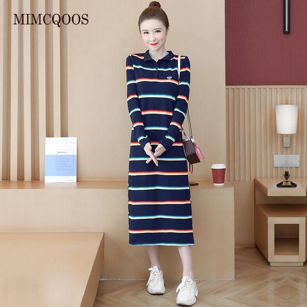 

shirt dresses women stripe long sleeve dress autumn winter 2021 fashion plus size cotton knee slit elegant vestido casual, Black;gray