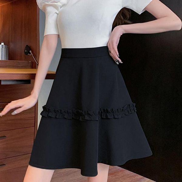 

skirts japanese korean version summer skirt 2021 loose casual temperament all-match solid color lace high waist thin, Black