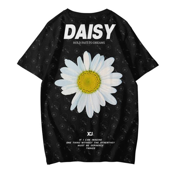 

little daisy print men's fashion t-shirt summer loose short-sleeved t-shirt men's casual street style mesh sports t-shirt, White;black