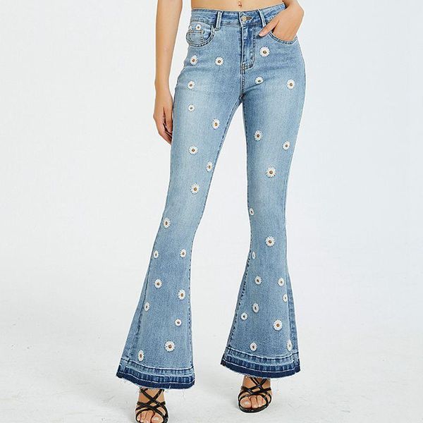 

women's jeans street style original denim wide leg pants embroidered flare jean mid waist little daisy washed women, Blue
