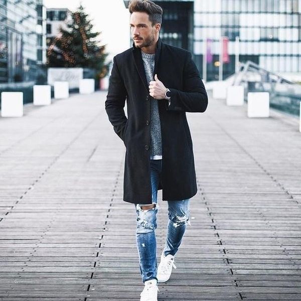

men's wool & blends brand woolen coats men long solid slim fit jackets formal single breasted overcoat jacket outwear warm windbreaker, Black