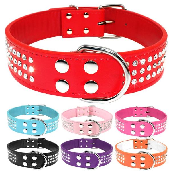 

dog collars & leashes 3 rows rhinestone collar leather 1.5inch wide for medium large pet 5 colors 2 sizes