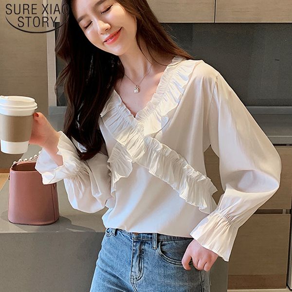 

fall korean v-collar chiffon shirt women long flare sleeve white solid fashion ladies v-neck full spliced 5681 50 210510