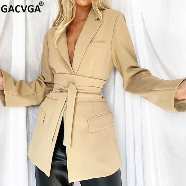 GACVGA 2021 nuova moda donna con cintura giacca e giacca primavera autunno casual manica lunga abito da lavoro Office Lady cappotto nero sottile X0721